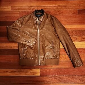 Zara Men's Tan Leather Style Bomber Jacket